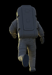 Wall Mural - running astronaut from behind, isolated on black background