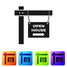Black Hanging Sign With Text Open House Icon Isolated On White Background. Signboard With Text Open House. Set Icons In Color Square Buttons. Vector Illustration