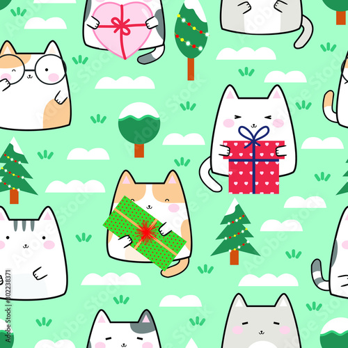 Download Seamless Pattern Christmas Kawaii Cute Cats Cartoon Animals Background Vector Illustration Buy This Stock Vector And Explore Similar Vectors At Adobe Stock Adobe Stock 3D SVG Files Ideas | SVG, Paper Crafts, SVG File