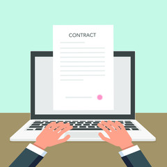 Poster - signing a smart contract concept with a laptop and hands. vector illustration