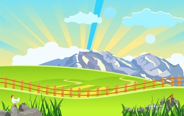 Wall Mural -  Vector illustration of Countryside landscape in summer ,mountains and green hills . vector concept.