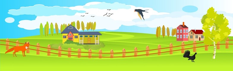 Wall Mural -  Vector illustration of Countryside landscape in summer ,farm houses, wood fence on the hills .Panorama vector concept.