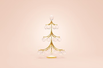 Poster - Christmas tree fragile gold wire decoration hanging ball crystal glass. Graceful toy concept design beige background. Elegant jewelry symbol of the new year. 3D rendering