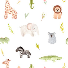 Seamless Pattern With Cute African Animals. Isolated On White Background. Summer Tropics.