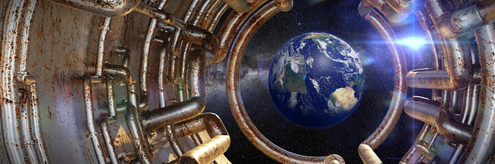 Wall Mural - view on planet earth through a spaceship window