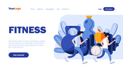 Aufkleber - Fitness vector landing page template with header. Sport, healthy lifestyle web banner, homepage design with flat illustrations. Athletes cartoon characters. Run, jogging, exercises concept