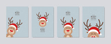 Christmas Reindeer Cute Cartoon Close Up With Greeting Winter Landscape Background. Christmas Card