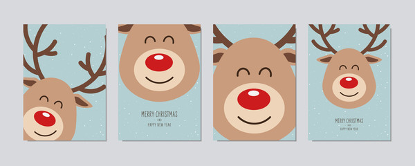 Sticker - Christmas reindeer cute cartoon close up with greeting winter landscape background. Christmas card