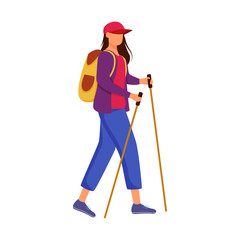 Wall Mural - woman with hiking sticks flat vector illustration. camping activity. cheap travelling choice. active