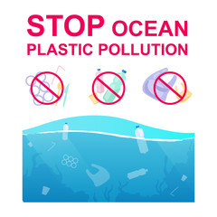 Poster - Stop plastic pollution in ocean flat concept icons set. Nature protection. Waste reduce and refuse. No plastic stickers, cliparts pack. Isolated cartoon illustrations on white background