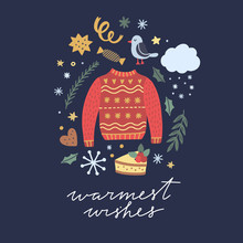 Christmas Greeting Time With Sweater And Cute Celebration Elements. Vector Card With Happy Holidays Illustrations