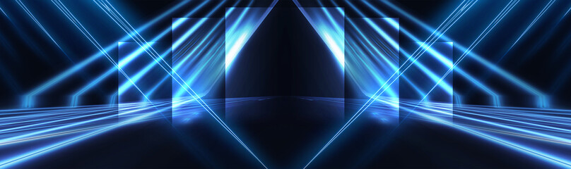 Fototapete - Dark background with lines and spotlights, neon light, night view. Abstract blue background.