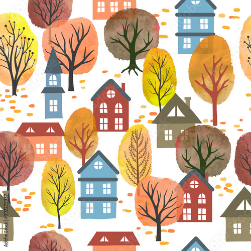 Naklejka dekoracyjna Seamless vector autumn city pattern with watercolor trees and houses. Autumn landscape.