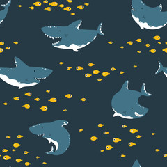 Shark seamless pattern. Childish Vector illustration in simple Scandinavian cartoon style on a dark background. Blue fish at different angles with schools of small fish. Ideal for printing onto fabric