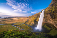 Scenic View Of Seljalandsfoss Waterfall From Hill, South Iceland, Iceland