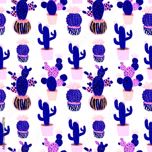 Creative seamless pattern with hand drawn cactuses in pots. Bright botanical ...