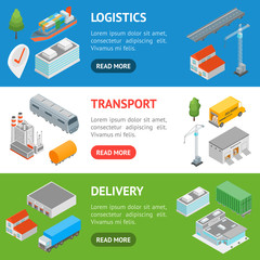 Poster - Logistic Transportation Concept Banner Horizontal Set 3d Isometric View. Vector