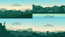 Vector Landscapes Set. Travel Concept Of Discovering, Exploring And Observing Nature. Hiking. Adventure Tourism. The Guy Watches Nature, Riding At Mountain Bike, Climbing To The Top And Going Hike 
