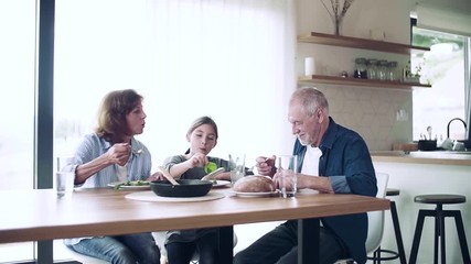 Wall Mural - A small girl with senior grandparents indoors sitting at the table, eating.