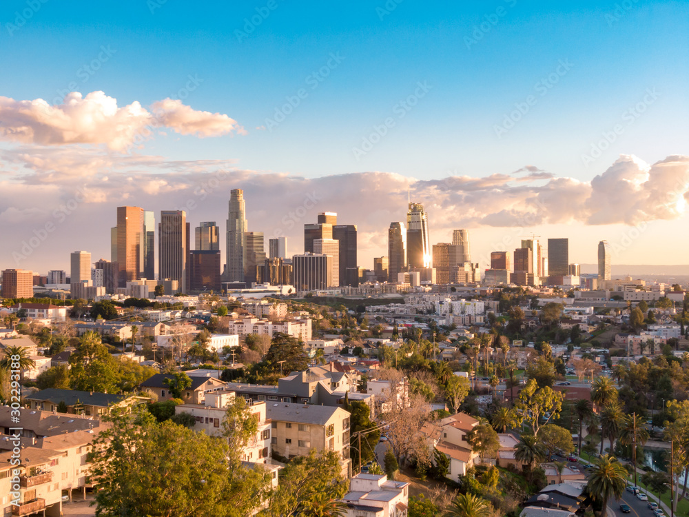 Aerial view of downtown Los Angeles city skyline and skyscrapers on a sunny day. - obrazy, fototapety, plakaty 