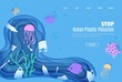 Web page design template stop ocean plastic pollution in paper cut style. Underwater sea cave with white plastic waste bag, bottle, rubbish fishes coral reef seabed algae. Vector ecological concept.