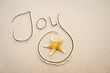 © PeskyMonkey - Handwritten holiday message of Joy in clean sand with a textured orange starfish on the beach