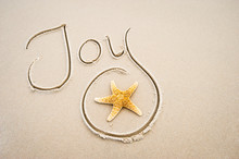 Handwritten Holiday Message Of Joy In Clean Sand With A Textured Orange Starfish On The Beach