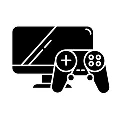 Sticker - Video games and consoles glyph icon. Hobbies and computer. Game controller, monitor screen. Modern entertainment. E commerce department. Silhouette symbol. Negative space. Vector isolated illustration