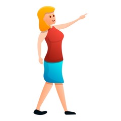 Poster - Woman shows object icon. Cartoon of woman shows object vector icon for web design isolated on white background