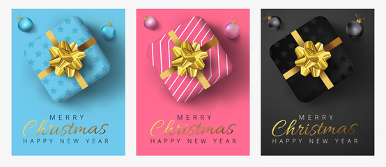 Poster - Merry Christmas and happy new year lettering, Realistic gift boxes, baubles around on 3 different color background. Can be used as poster,banner or template design.