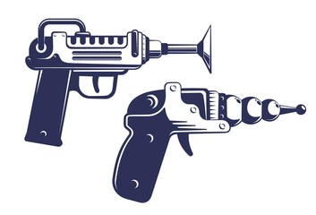 Alien blaster gun - phaser space weapon in retro style. Vector illustration.