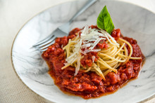 Traditional Italian Bolognese Spaghetti Pasta Served With Tomato Sauce