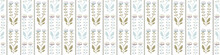 Damask Meadowsweet Flower Bloom Vector Border Pattern. Folk Art Stem Floral Trim. Hand Drawn On White Background. Vintage Banner Ribbon Wildflower Illustration. Paper Cut Collage Bordure Trim. EPS 10