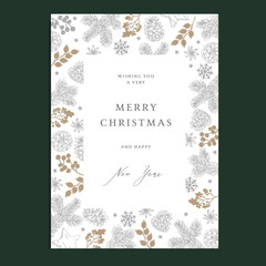 Wall Mural - Merry Christmas, Happy New Year floral greeting card, winter nvitation. Holiday frame with fir tree branches, pine cones, snowflakes and holly berries. Vintage engraving.