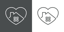 Símbolo Agencia Inmobiliaria. Icono Plano Lineal Corazón Con Casa En Fondo Gris Y Fondo Blanco