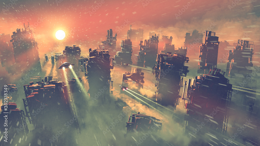 post apocalypse scenery showing of spaceships flying above abandoned skyscrapers, digital art style, illustration painting - obrazy, fototapety, plakaty 