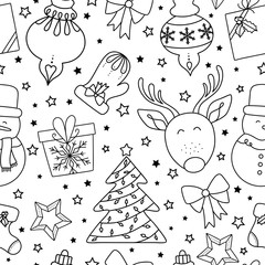Wall Mural - Christmas seamless pattern design with reindeer, gifts and baubles.. Doodles and sketches vector vintage illustration.