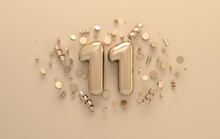 Golden 3d Number 11 With Festive Confetti And Spiral Ribbons. Poster Template For Celebrating 11 Anniversary Event Party. 3d Render