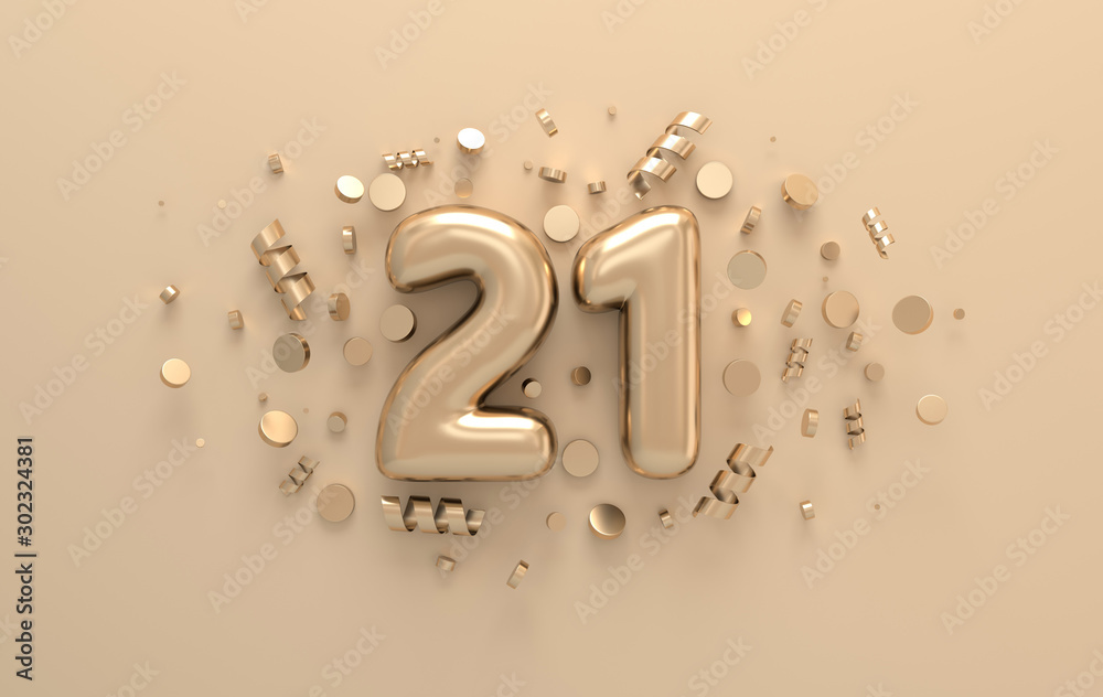 Golden 3d number 21 with festive confetti and spiral ribbons. Poster template for celebrating 21 anniversary event party. 3d render - obrazy, fototapety, plakaty 