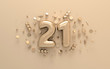 Golden 3d number 21 with festive confetti and spiral ribbons. Poster template for celebrating 21 anniversary event party. 3d render
