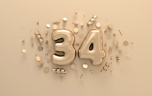 Golden 3d Number 34 With Festive Confetti And Spiral Ribbons. Poster Template For Celebrating 34 Anniversary Event Party. 3d Render