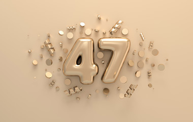 Wall Mural - Golden 3d number 47 with festive confetti and spiral ribbons. Poster template for celebrating 47 aniversary event party. 3d render