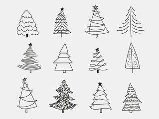 Doodle Christmas Trees. to create holiday cards, backgrounds, ornaments, decoration. Hand drawn Christmas tree happy new year