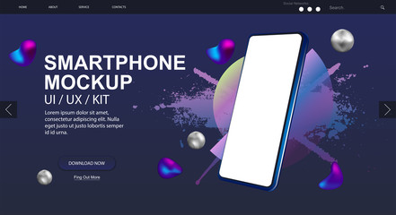 Smartphone rotated position Mockup and website design. 3D realistic phone in perspective. UI/UX/KIT design. Mobile phone gadget, device. Blank screen cell phone. Vector Mockup presentation UI design.