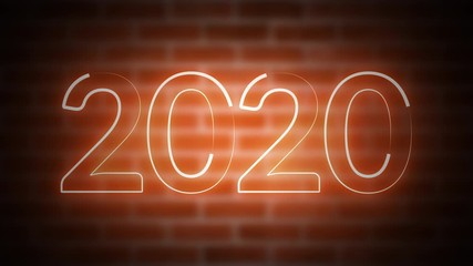 Poster - New Year neon sign 2020 on a background of brickwork, computer generated. 3d rendering of Christmas and New Year Celebration