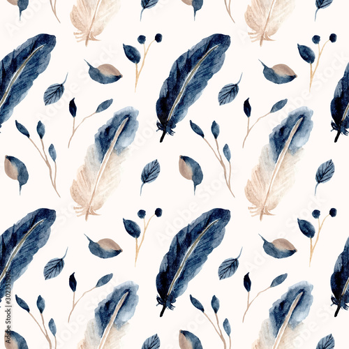 Materiał do szycia blue feather and leaf watercolor seamless pattern