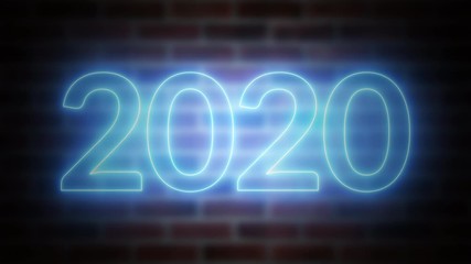 Poster - New Year neon sign 2020 on a background of brickwork, computer generated. 3d rendering of Christmas and New Year Celebration