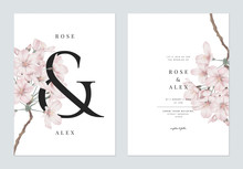 Floral Wedding Invitation Card Template Design, Somei Yoshino Sakura Flowers With Ampersand Lettering On White, Pastel Vintage Theme