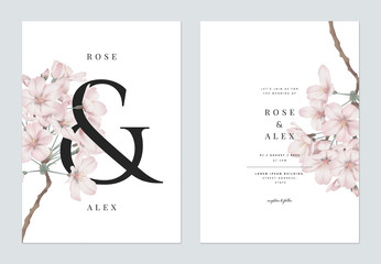 Wall Mural - Floral wedding invitation card template design, Somei Yoshino sakura flowers with ampersand lettering on white, pastel vintage theme