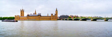 Panoramic View Of Cloudy Sky Over The City Of London, UK. Westminster And Big Ben